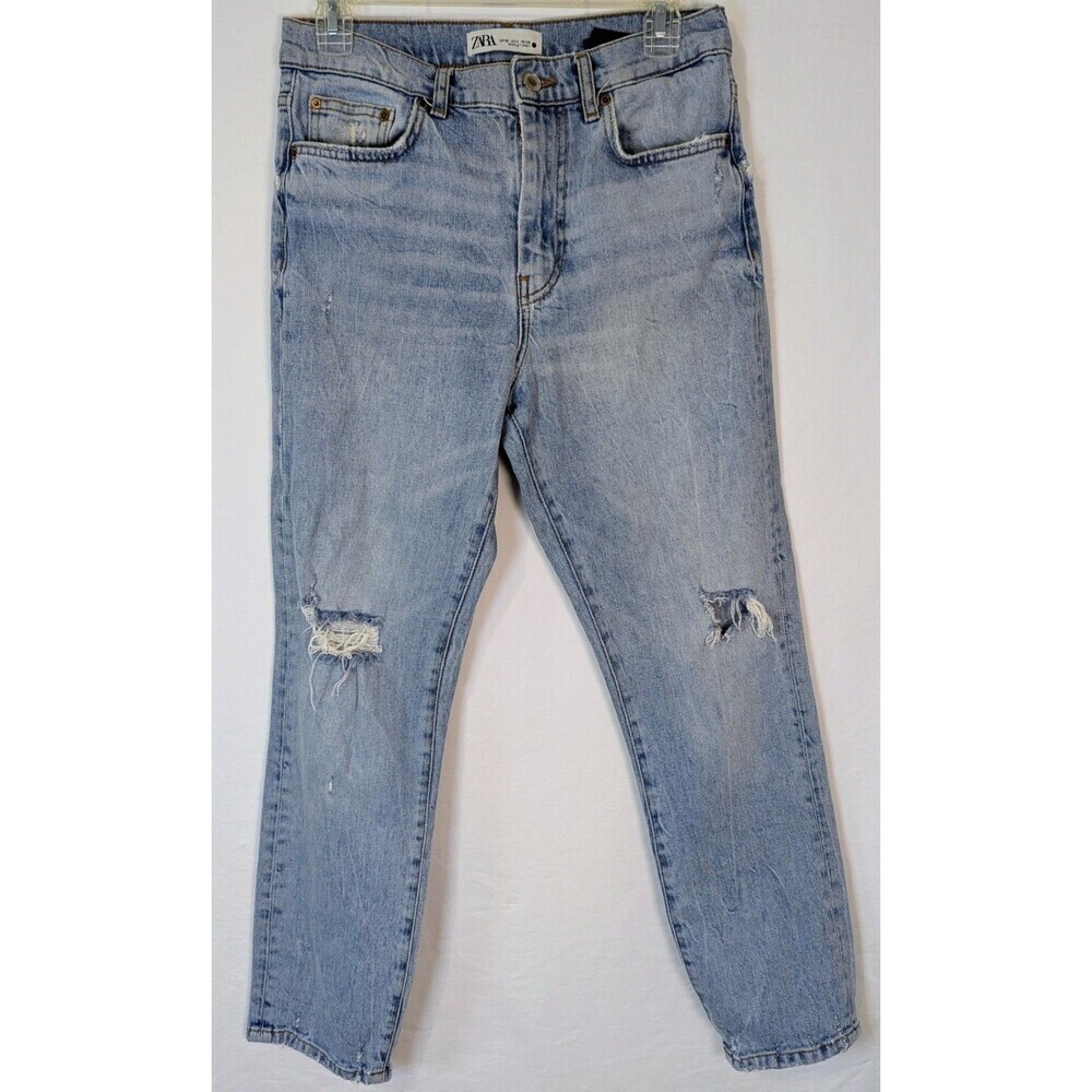 Zara Premium Denim Collection Light Wash Distressed Slim Mom Jeans Size 4